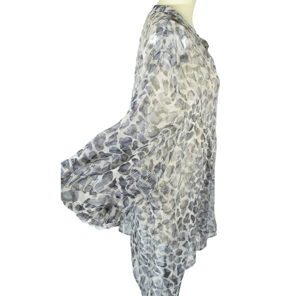 MAGGIE BARNES 3X Sheer Blue Black Ivory Animal Print Faux Pearl Button Blouse - Picture 3 of 4